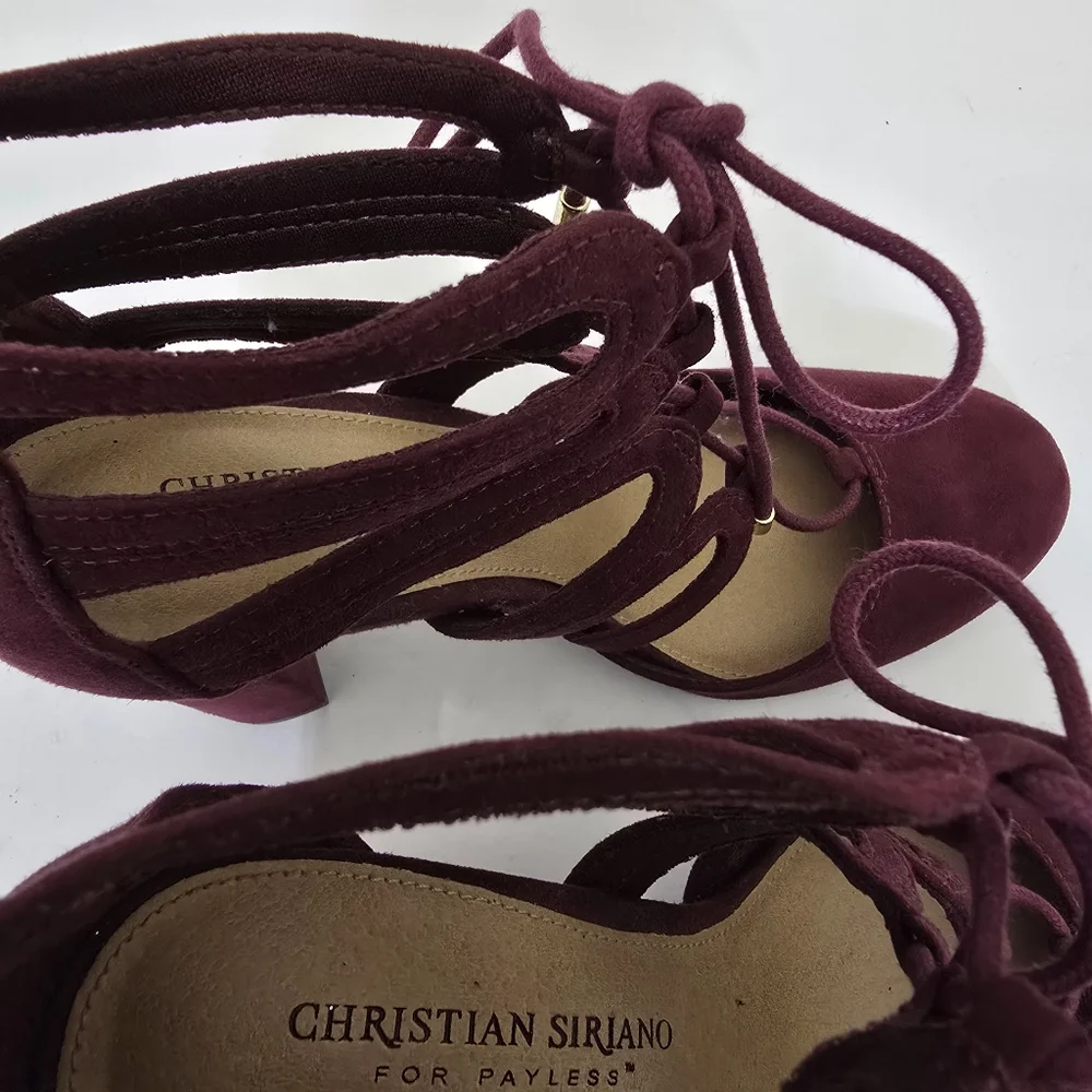 CHRISITIAN SIRIANO size 6.5 Suede Lace Up Strappy Block‎ Heel Shoes Burgundy